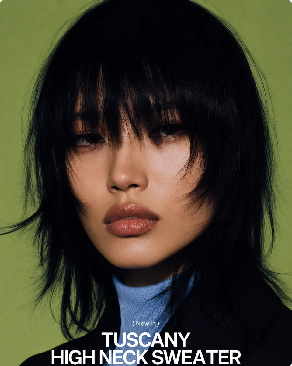 Close-up portrait above the Tuscany high neck sweater